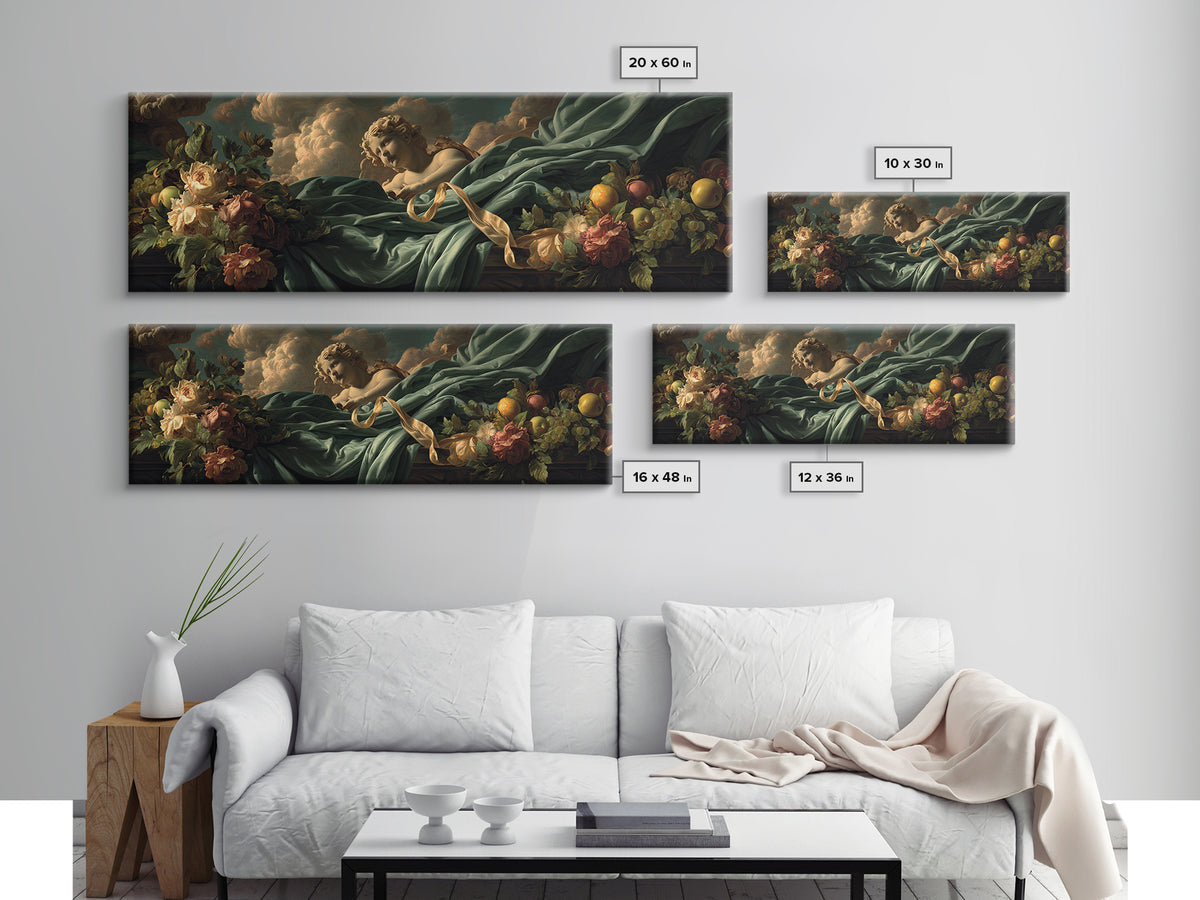 Cherub Holding a Ribbon Among Clouds Canvas Print, Renaissanceinspired Art, Elegant Home Decor, Living Room Decor, Oil Painting, REN-3x1-70