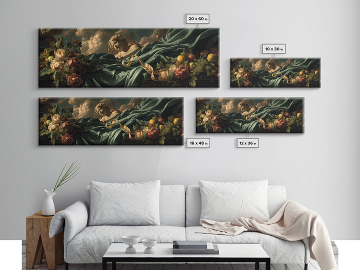Cherub Holding a Ribbon Among Clouds Canvas Print, Renaissanceinspired Art, Elegant Home Decor, Living Room Decor, Oil Painting, REN-3x1-70