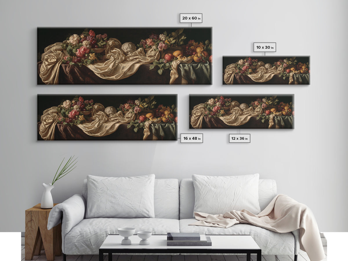 Floral Garland Surrounding a Classical Profile Canvas Print, Renaissanceinspired Art, Minimalist Decor, Living Room Decor, REN-3x1-86