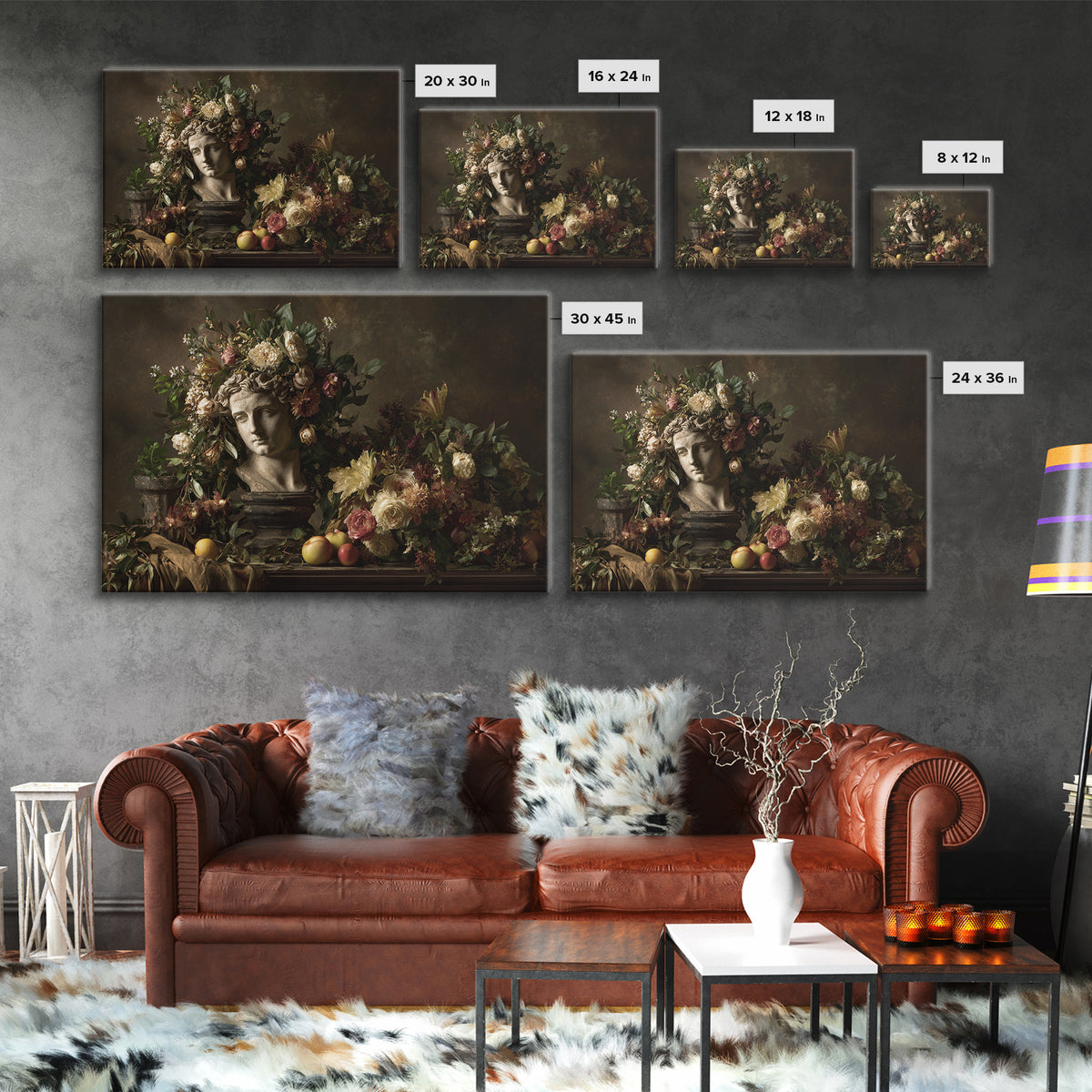 Floral Garland Surrounding a Classical Profile Canvas Print, Renaissanceinspired Art, Minimalist Decor, Living Room Decor, REN-3x2-26