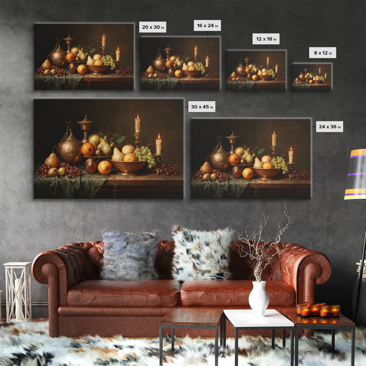 Oil Painted Fruit Still Life on Dark Canvas Print, Renaissanceinspired Art, Yoga Wall Art, Living Room Decor, Classic, REN-3x2-55
