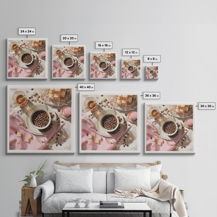Coffee Beans and Pastry Arrangement Canvas Print, Restaurant Art, Watercolor Painting, Restaurant Decor, Oil Painting, Bistro, RES-1x1-22