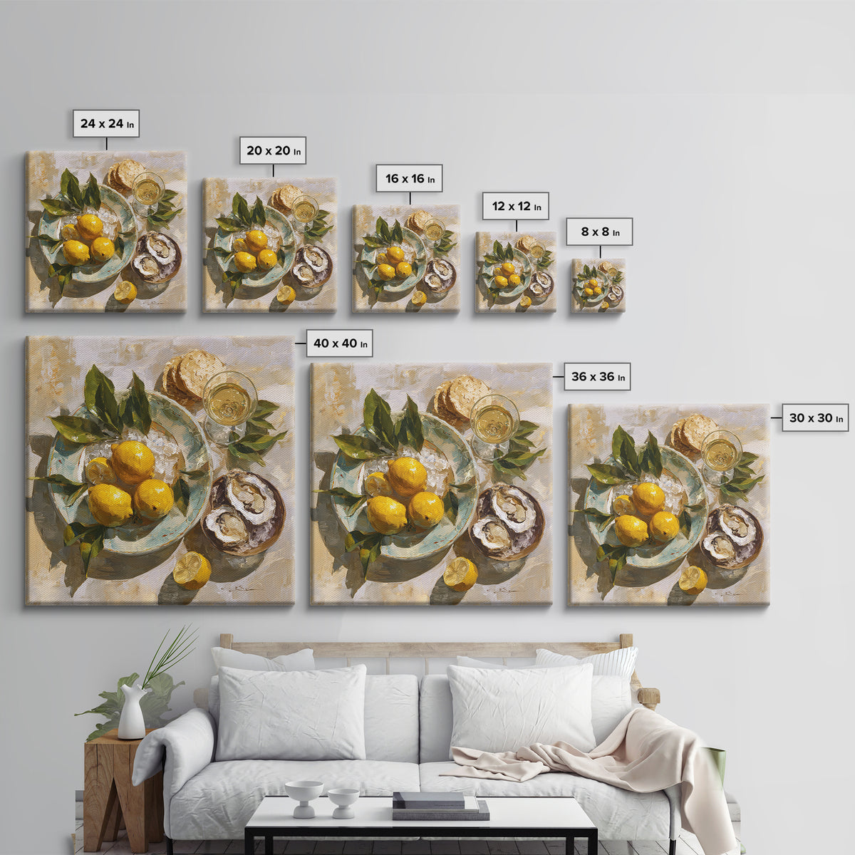 Oyster Platter with Lemons and Champagne Canvas Print, Restaurant Art, Kitchen Wall Art, Restaurant Decor, Abstract Art, Bistro, RES-1x1-3