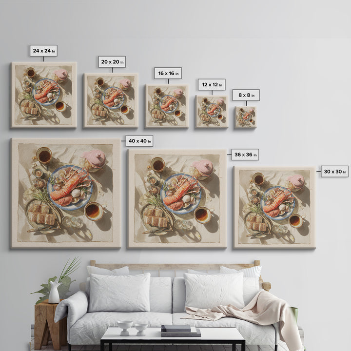 Seafood Lobster and Shell Arrangement Framed Canvas Print, Restaurant Art, Gallery Decor, Restaurant Decor, Fine Art, Bistro, RES-1x1-32