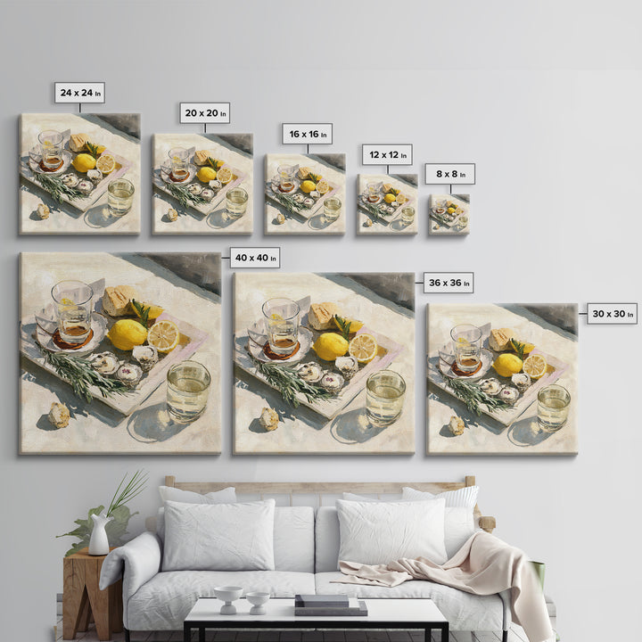 Oyster Platter with Lemons and Champagne Framed Canvas Print, Restaurant Art, Food Art, Restaurant Decor, Oil Painting, Bistro, RES-1x1-51