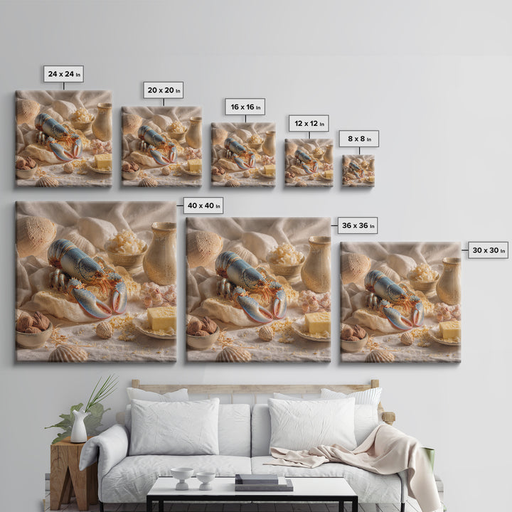 Seafood Lobster and Shell Arrangement Framed Canvas Print, Restaurant Art, Kitchen Decor, Restaurant Decor, Fine Art, Bistro, RES-1x1-56