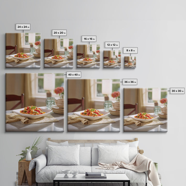 Fresh Pasta with Tomatoes and Basil Framed Canvas Print, Restaurant Art, Fine Art Print, Restaurant Decor, Fine Art, Bistro, RES-1x1-74