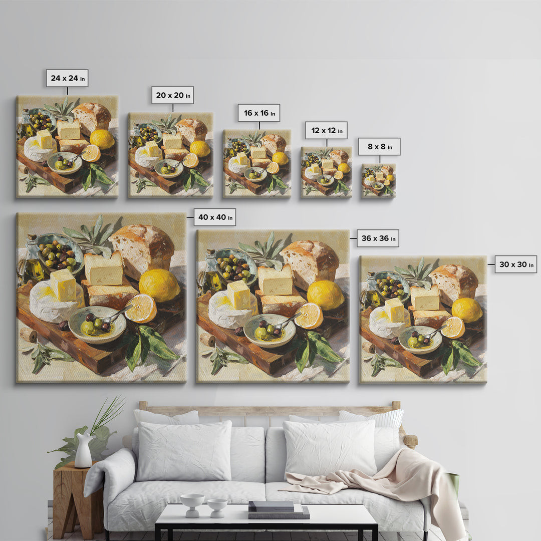 Mediterranean Olives Bread and Cheese Board Canvas Print, Restaurant Art, Wall Decor, Restaurant Decor, Fine Art, Bistro, RES-1x1-81