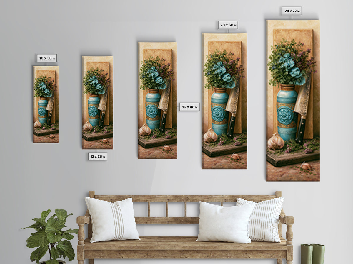 Chef Knife Herbs and Cutting Board Still Canvas Print, Restaurant Art, Boho Decor, Restaurant Decor, Oil Painting, Bistro, RES-1x3-97