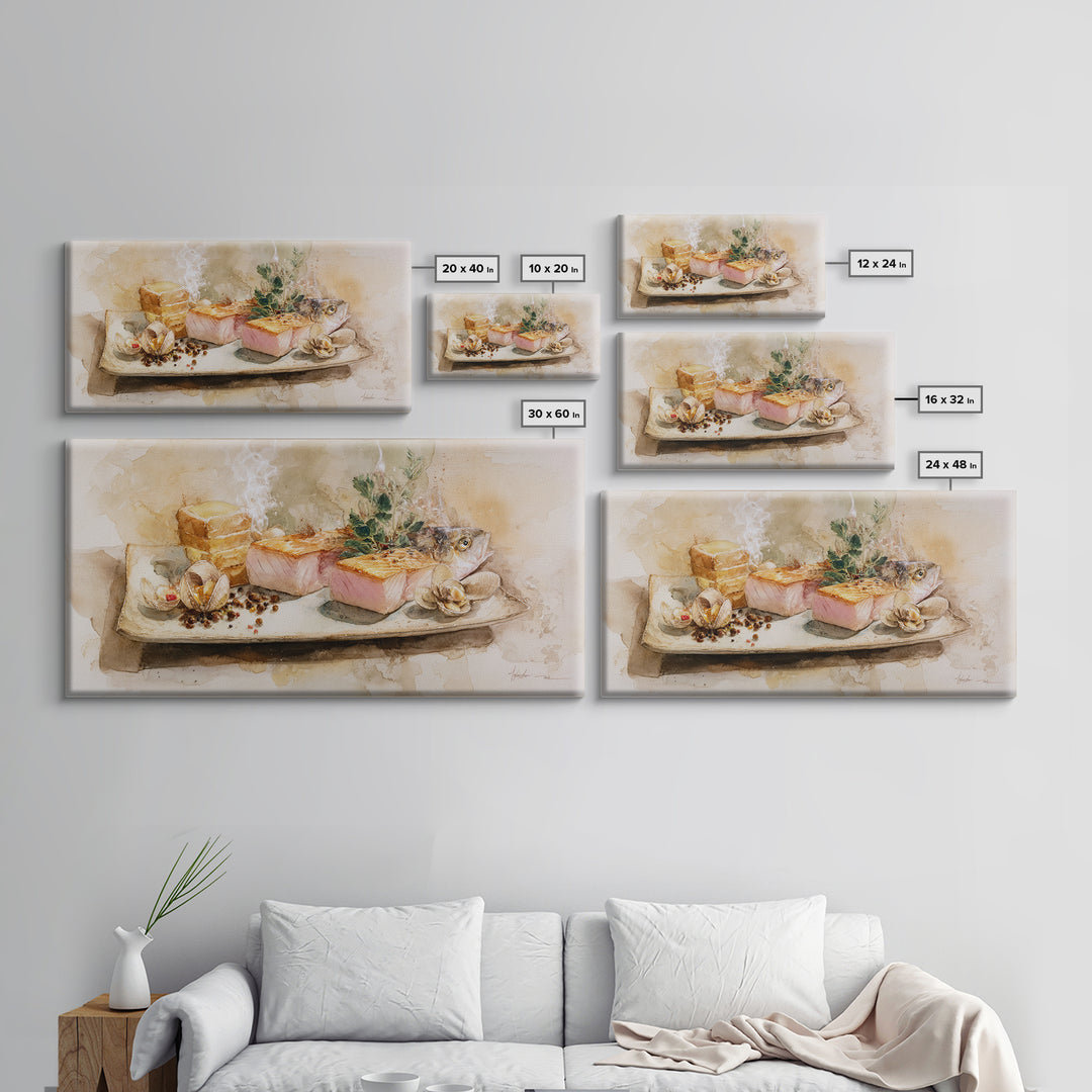 Sushi Fish and Ceramic Plate Composition Framed Canvas Print, Restaurant Art, Large Wall Art, Restaurant Decor, Bistro, RES-2x1-1