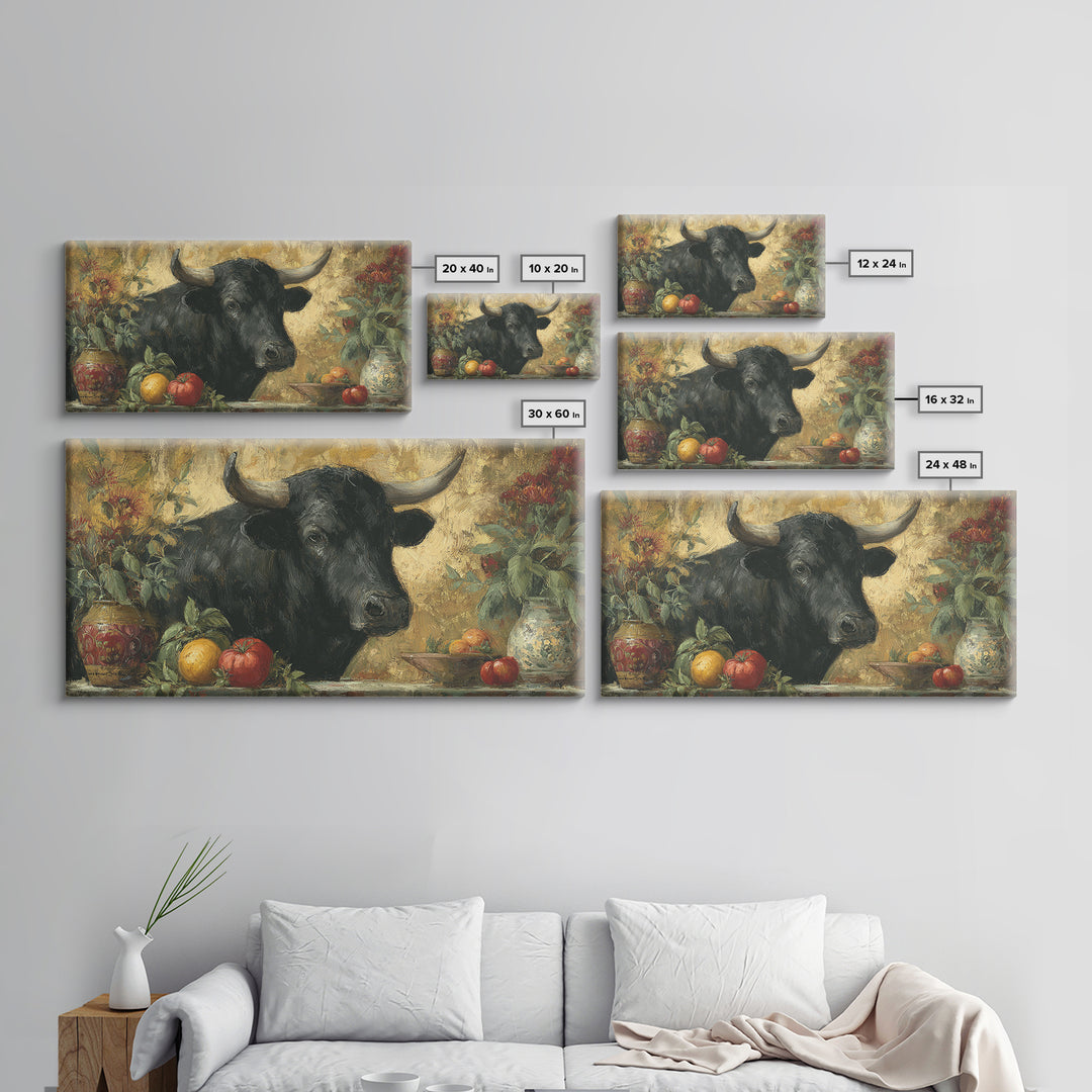 Steakhouse Black and Gold Bull Portrait Framed Canvas Print, Restaurant Art, Boho Decor, Restaurant Decor, Fine Art, Bistro, RES-2x1-27