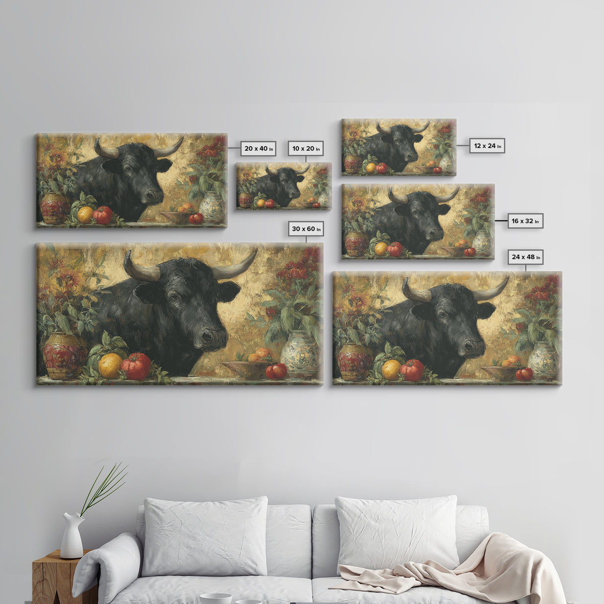 Steakhouse Black and Gold Bull Portrait Framed Canvas Print, Restaurant Art, Boho Decor, Restaurant Decor, Fine Art, Bistro, RES-2x1-27