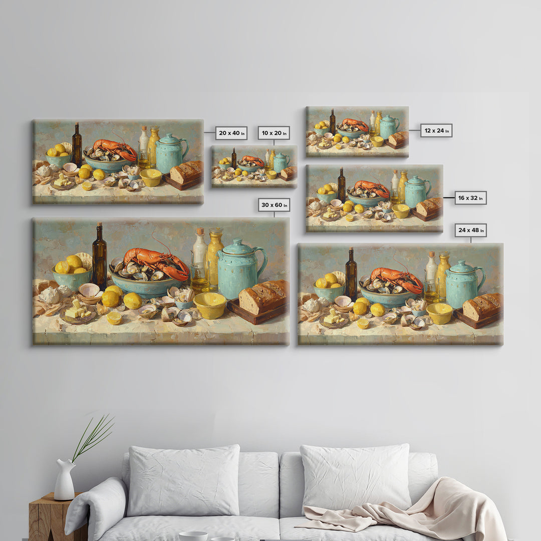 Seafood Lobster and Shell Arrangement Framed Canvas Print, Restaurant Art, Contemporary Art, Restaurant Decor, Fine Art, Bistro, RES-2x1-28