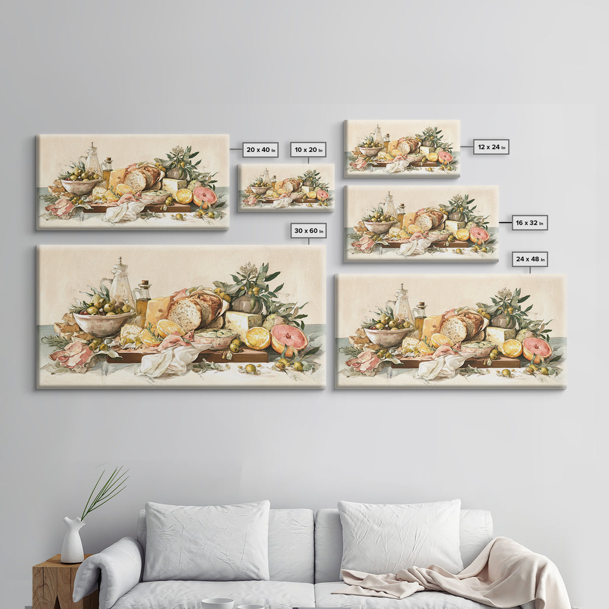 Mediterranean Olives Bread and Cheese Board Canvas Print, Restaurant Art, Framed Wall Art, Restaurant Decor, Bistro, Food Art, RES-2x1-29