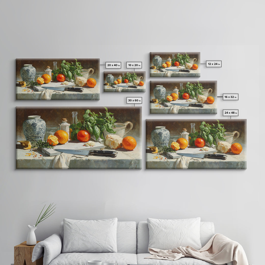Chef Knife Herbs and Cutting Board Still Framed Canvas Print, Restaurant Art, Art Print, Restaurant Decor, Fine Art, Bistro, RES-2x1-33