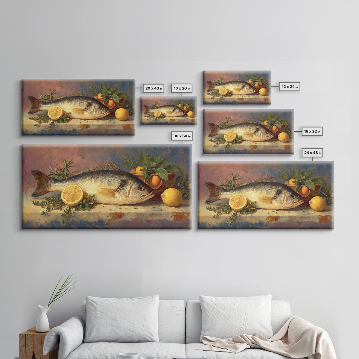Fresh Fish with Lemon and Herbs Framed Canvas Print, Restaurant Art, Large Wall Art, Restaurant Decor, Fine Art, Bistro, RES-2x1-43