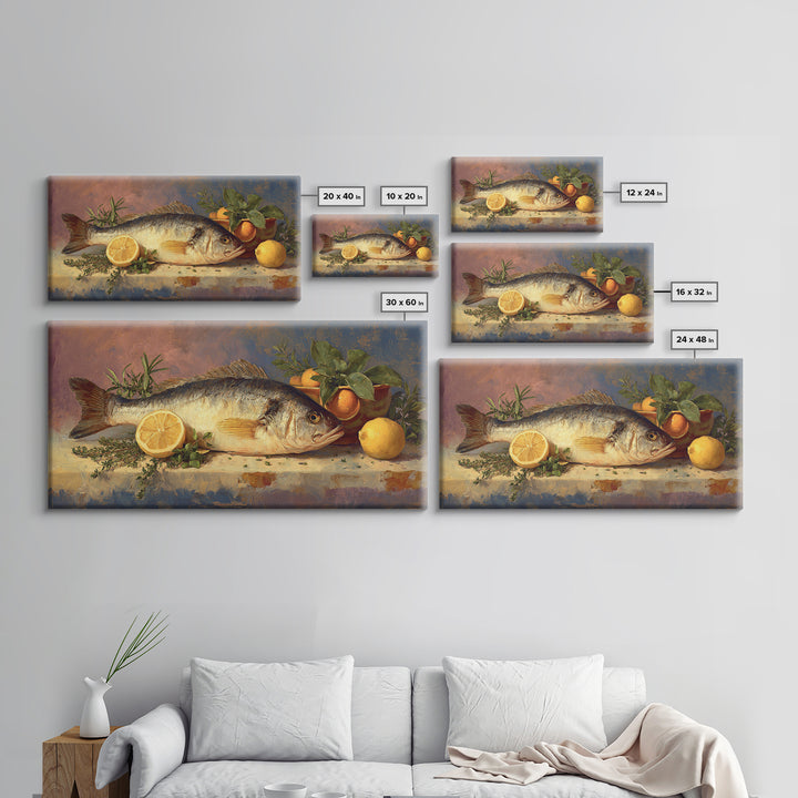 Fresh Fish with Lemon and Herbs Framed Canvas Print, Restaurant Art, Large Wall Art, Restaurant Decor, Fine Art, Bistro, RES-2x1-43