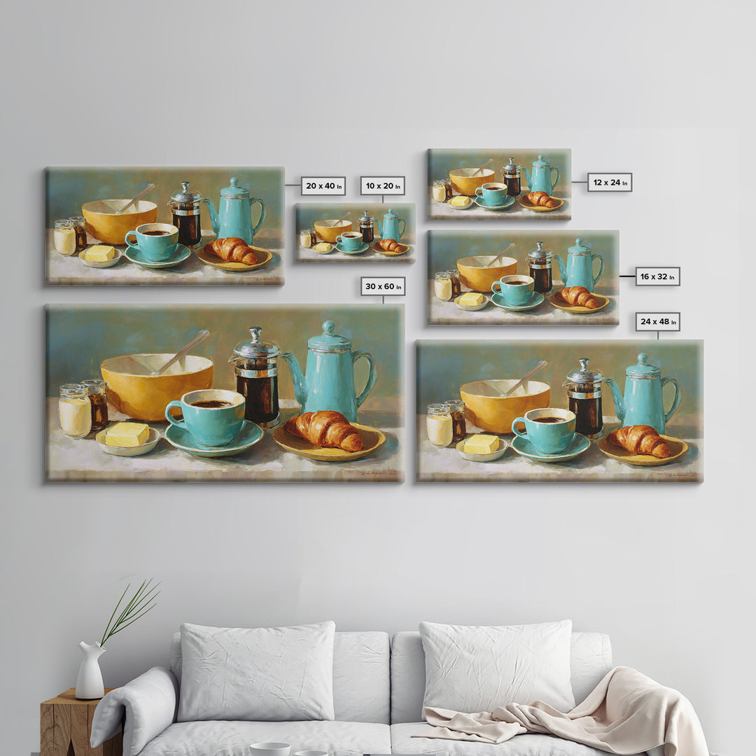 French Bistro Coffee and Croissant Still Life Framed Canvas Print, Restaurant Art, Wall Decor, Restaurant Decor, Bistro, RES-2x1-50