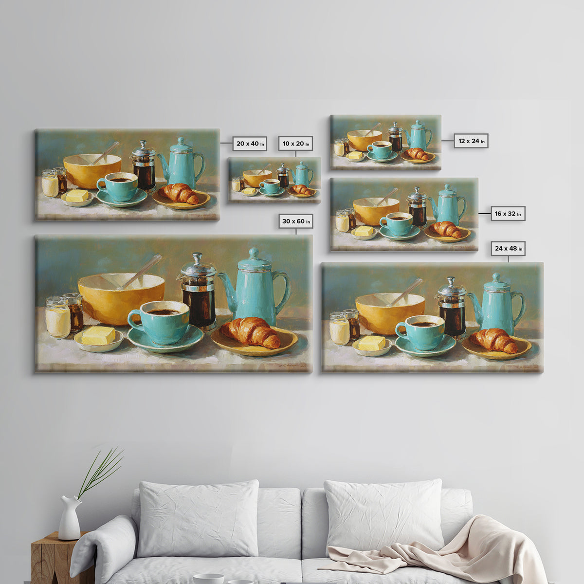 French Bistro Coffee and Croissant Still Life Framed Canvas Print, Restaurant Art, Wall Decor, Restaurant Decor, Bistro, RES-2x1-50
