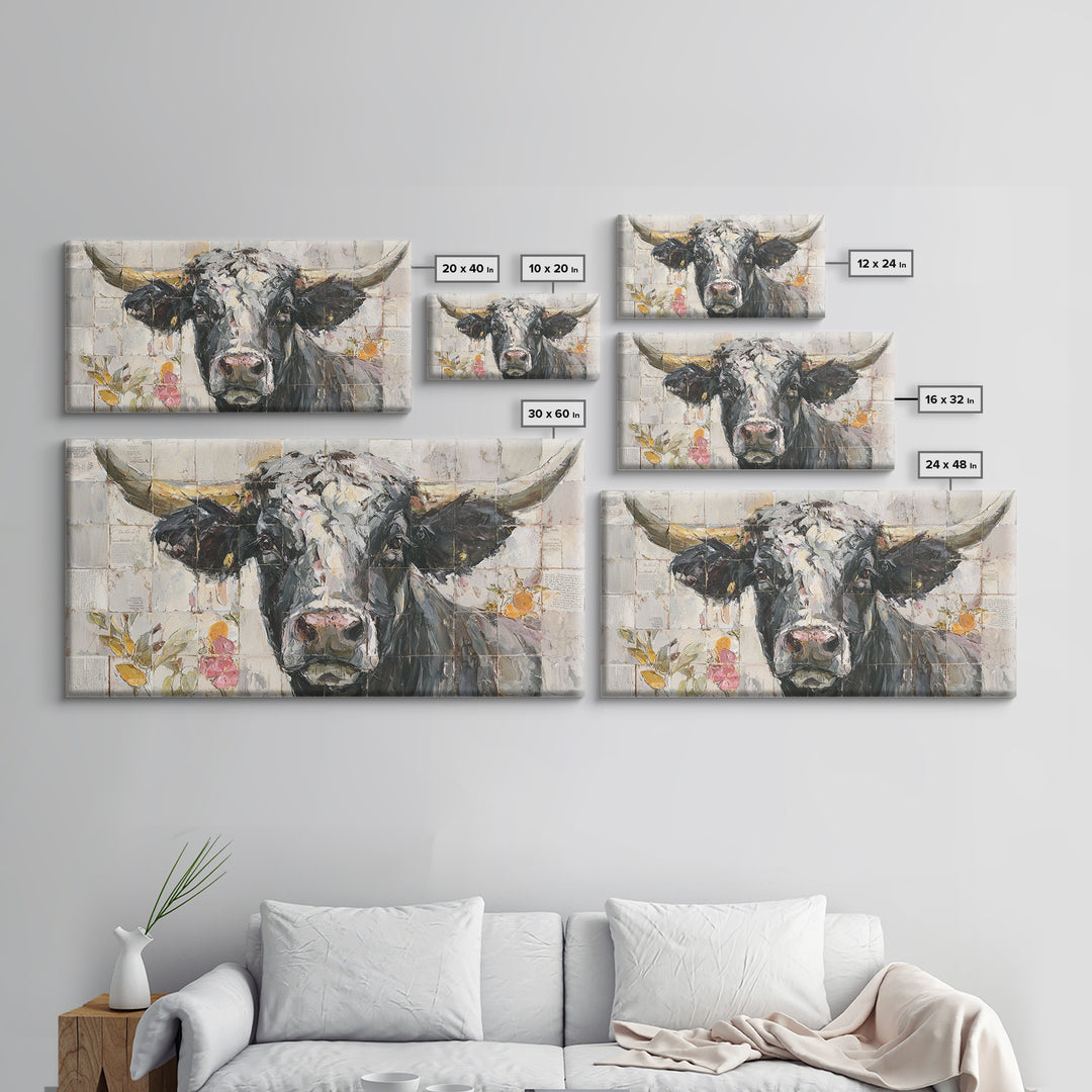 Steakhouse Black and Gold Bull Portrait Framed Canvas Print, Restaurant Art, Farmhouse Decor, Restaurant Decor, Bistro, RES-2x1-51