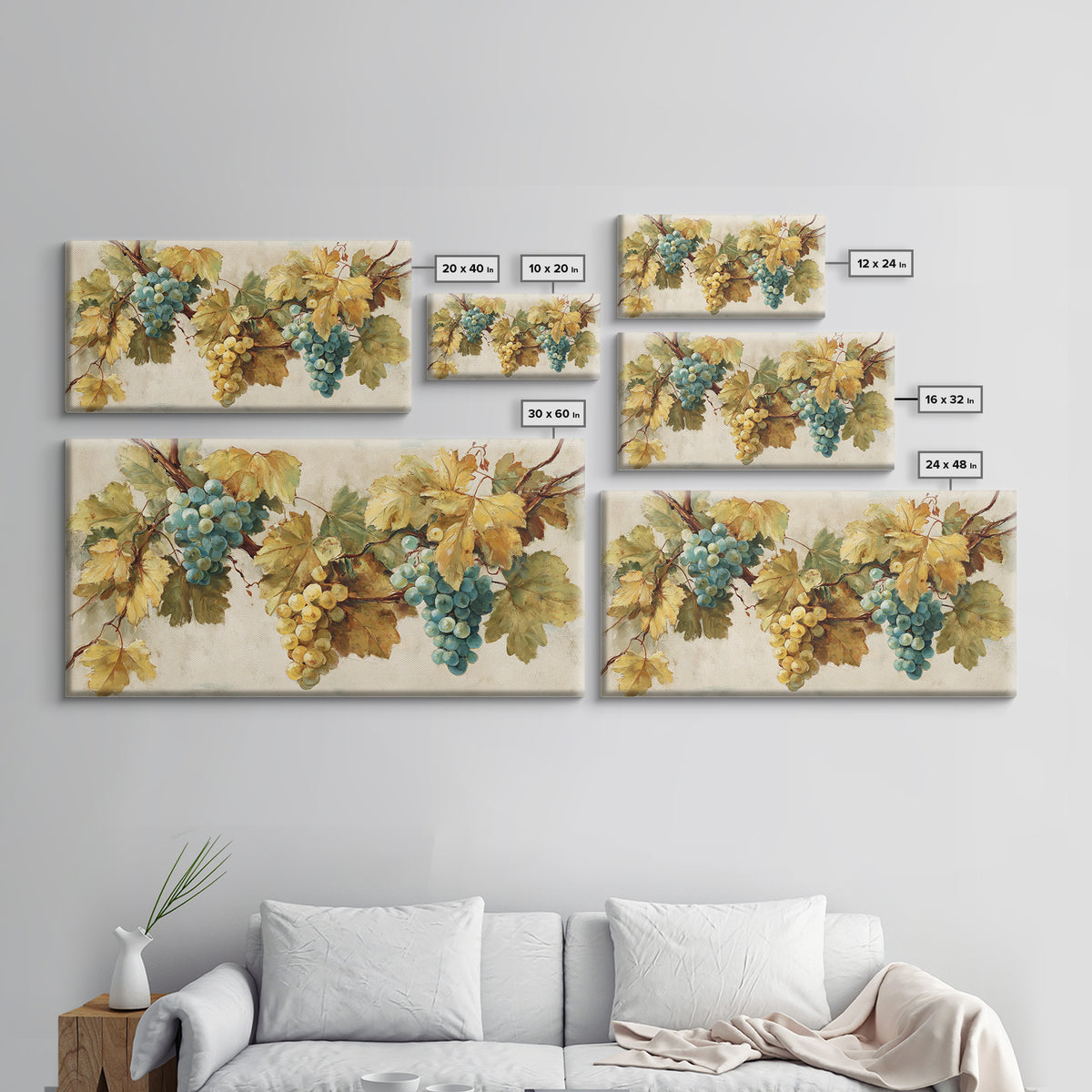 Wine Grapevine Botanical Study Framed Canvas Print, Restaurant Art, Bedroom Wall Art, Restaurant Decor, Watercolor Art, Bistro, RES-2x1-59