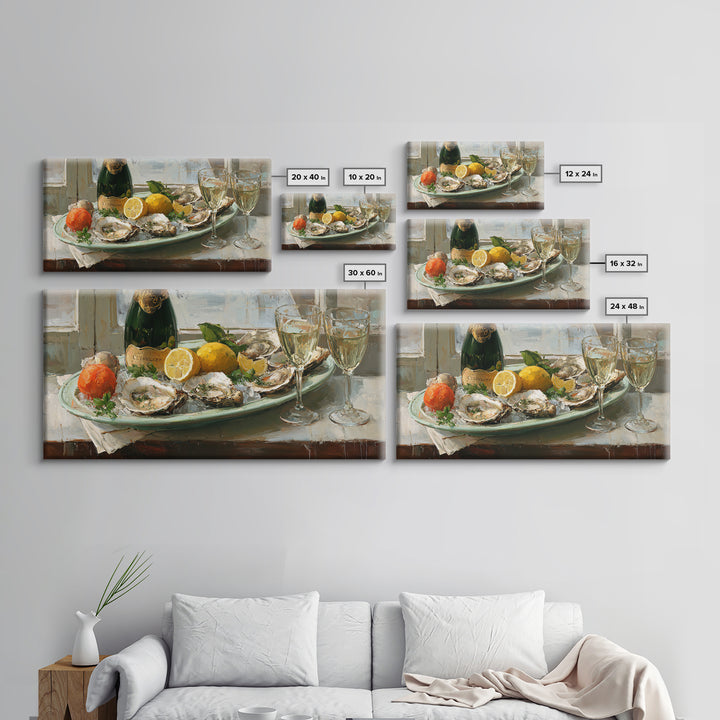 Oyster Platter with Lemons and Champagne Canvas Print, Restaurant Art, Watercolor Art, Restaurant Decor, Abstract Art, Bistro, RES-2x1-71
