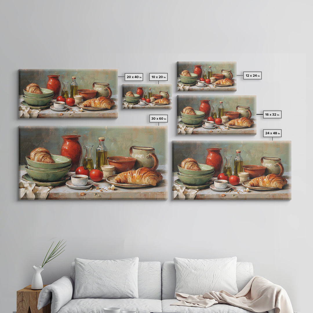 French Bistro Coffee and Croissant Still Life Canvas Print, Restaurant Art, Framed Wall Art, Restaurant Decor, Watercolor Art, RES-2x1-74