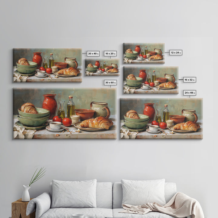 French Bistro Coffee and Croissant Still Life Canvas Print, Restaurant Art, Framed Wall Art, Restaurant Decor, Watercolor Art, RES-2x1-74