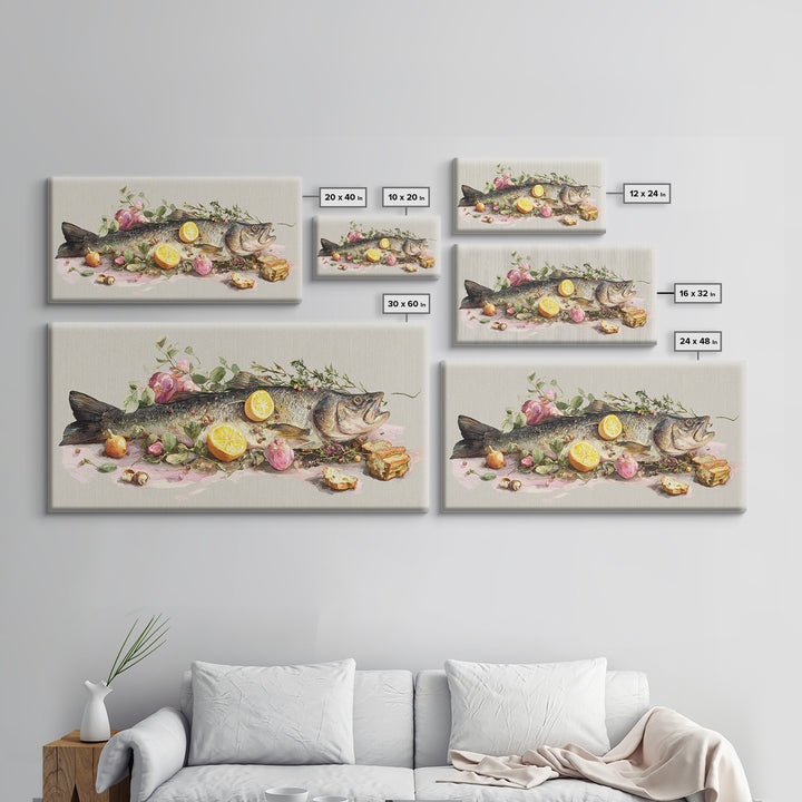 Fresh Fish with Lemon and Herbs Framed Canvas Print, Restaurant Art, Kitchen Decor, Restaurant Decor, Fine Art, Bistro, RES-2x1-91