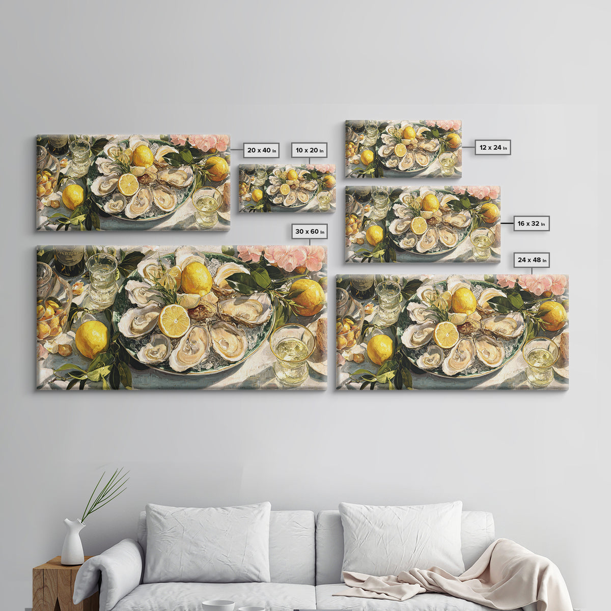 Oyster Platter with Lemons and Champagne Framed Canvas Print, Restaurant Art, Neutral Decor, Restaurant Decor, Fine Art, Bistro, RES-2x1-95