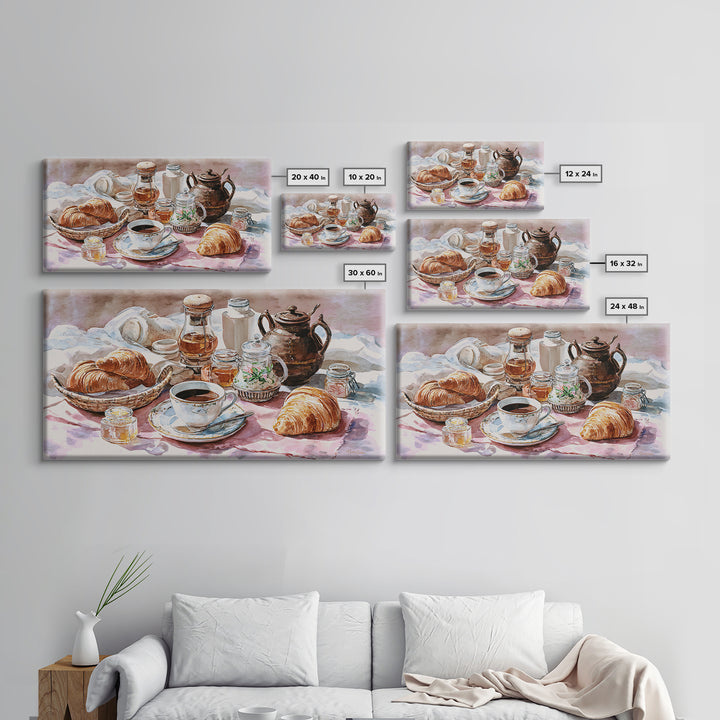 French Bistro Coffee and Croissant Still Life Canvas Print, Restaurant Art, Framed Wall Art, Restaurant Decor, Watercolor Art, RES-2x1-98