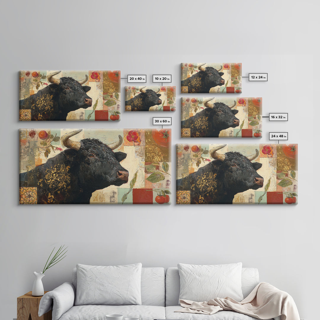 Steakhouse Black and Gold Bull Portrait Framed Canvas Print, Restaurant Art, Living Room Decor, Restaurant Decor, Bistro, RES-2x1-99