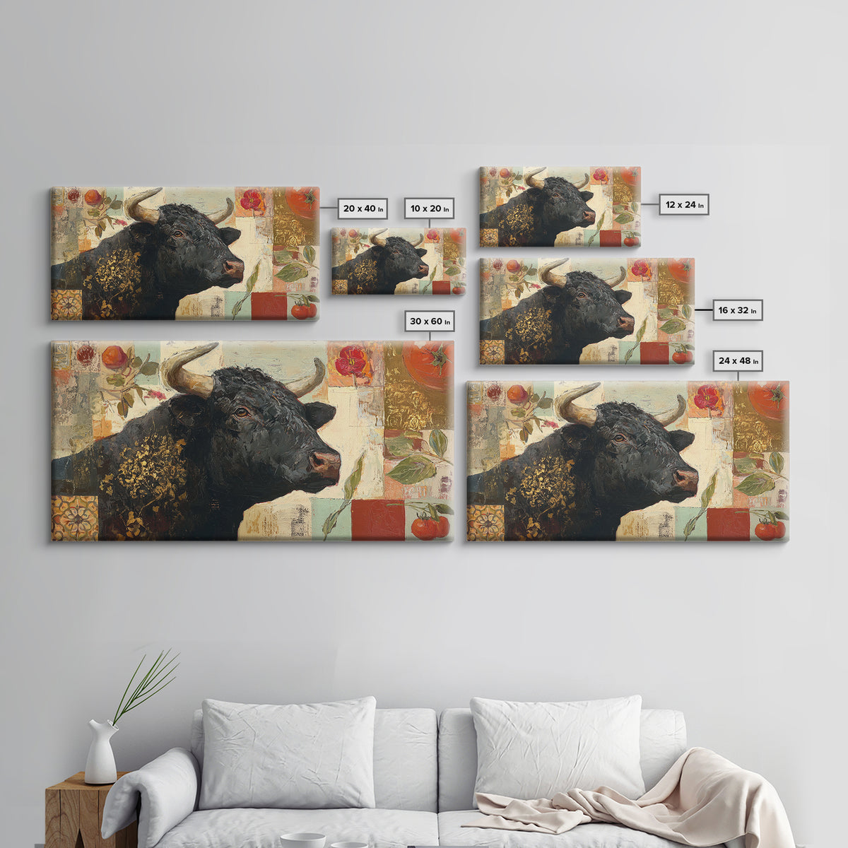 Steakhouse Black and Gold Bull Portrait Framed Canvas Print, Restaurant Art, Living Room Decor, Restaurant Decor, Bistro, RES-2x1-99