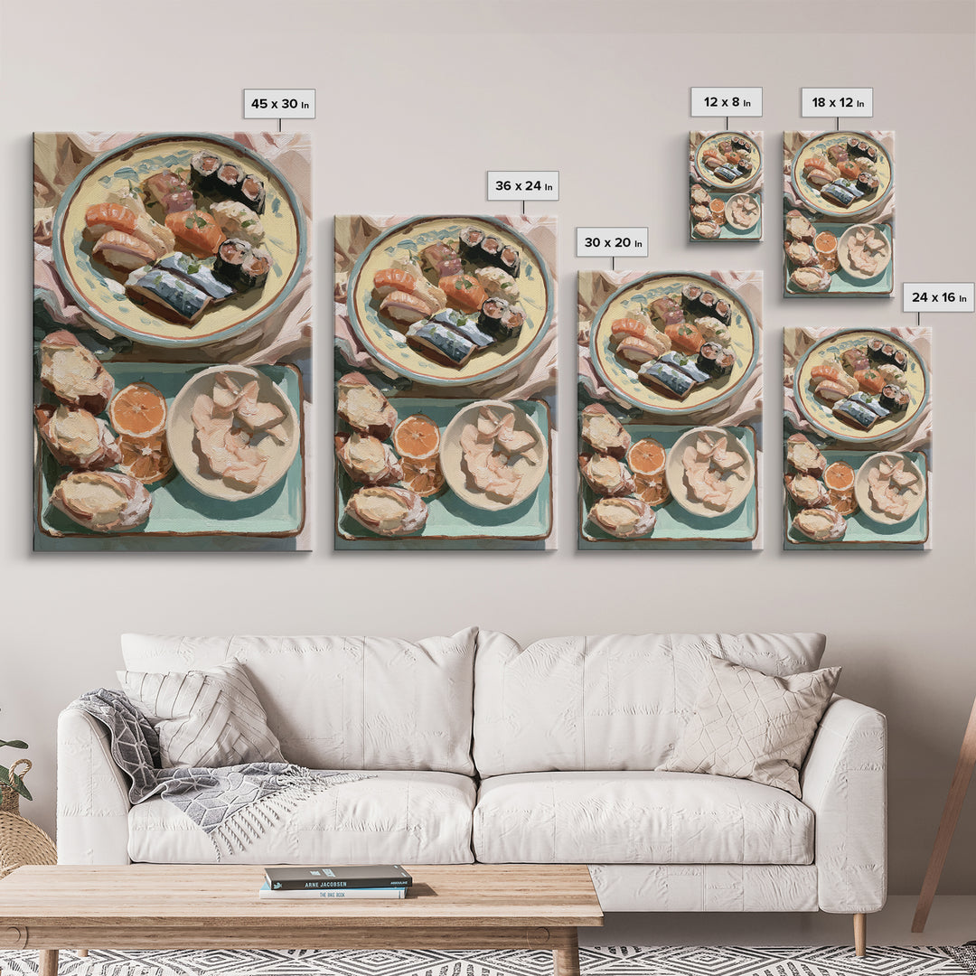 Sushi Fish and Ceramic Plate Composition Framed Canvas Print, Restaurant Art, Kitchen Decor, Restaurant Decor, Fine Art, Bistro, RES-2x3-13
