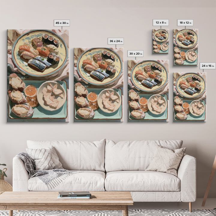 Sushi Fish and Ceramic Plate Composition Framed Canvas Print, Restaurant Art, Kitchen Decor, Restaurant Decor, Fine Art, Bistro, RES-2x3-13