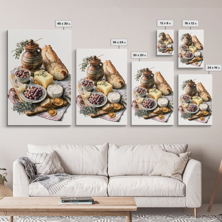 Mediterranean Olives Bread and Cheese Board Canvas Print, Restaurant Art, Kitchen Wall Art, Restaurant Decor, Bistro, RES-2x3-17
