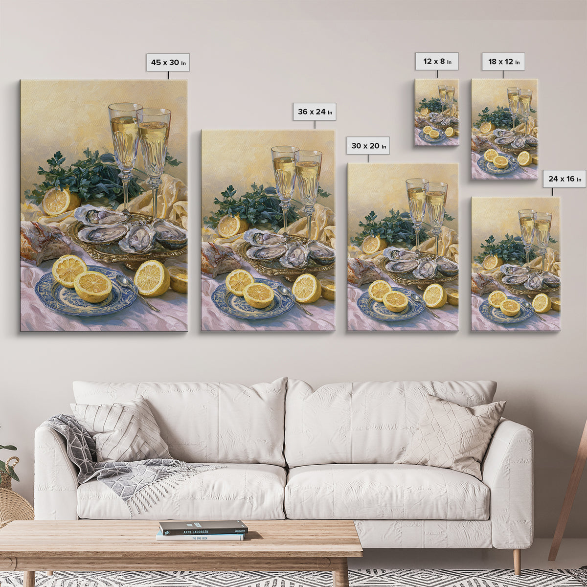 Oyster Platter with Lemons and Champagne Canvas Print, Restaurant Art, Framed Wall Art, Restaurant Decor, Watercolor Art, RES-2x3-35