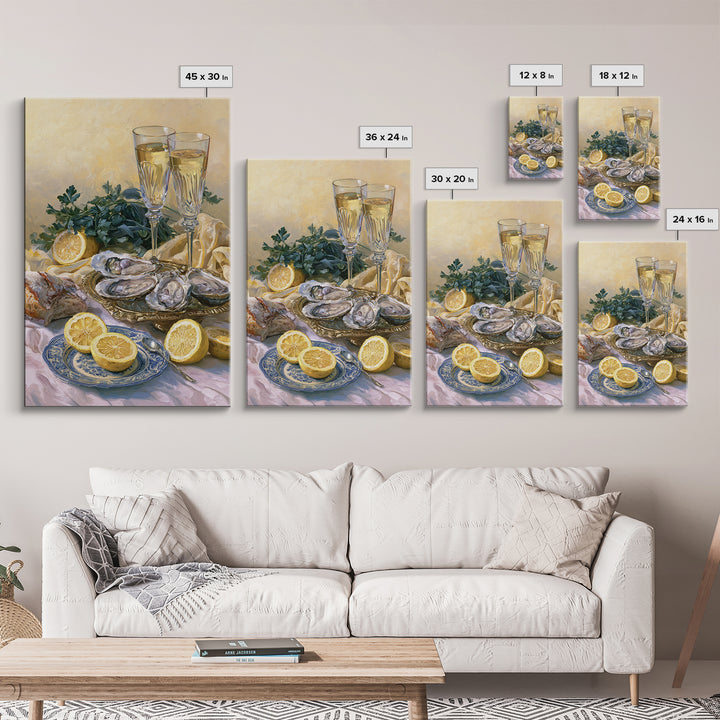 Oyster Platter with Lemons and Champagne Canvas Print, Restaurant Art, Framed Wall Art, Restaurant Decor, Watercolor Art, RES-2x3-35