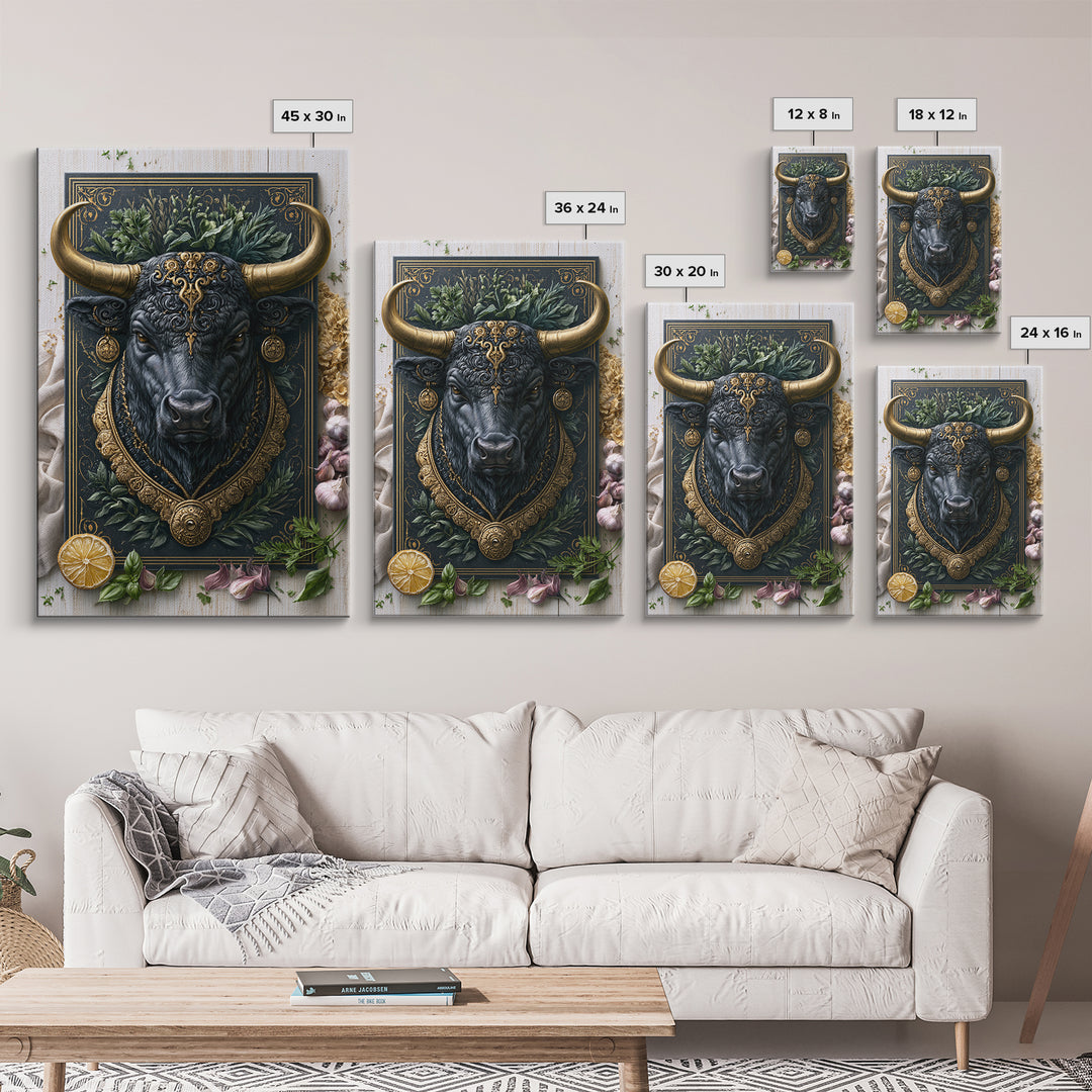 Steakhouse Black and Gold Bull Portrait Canvas Print, Restaurant Art, Canvas Wall Art, Restaurant Decor, Oil Painting, Bistro, RES-2x3-39