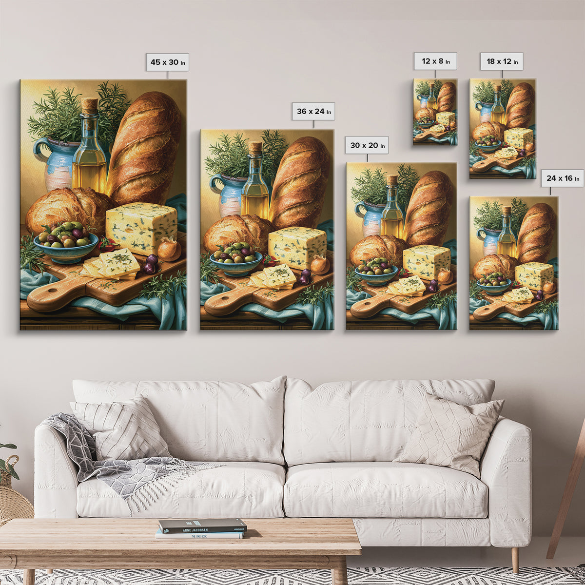 Mediterranean Olives Bread and Cheese Board Canvas Print, Restaurant Art, Kitchen Wall Art, Restaurant Decor, Bistro, RES-2x3-41