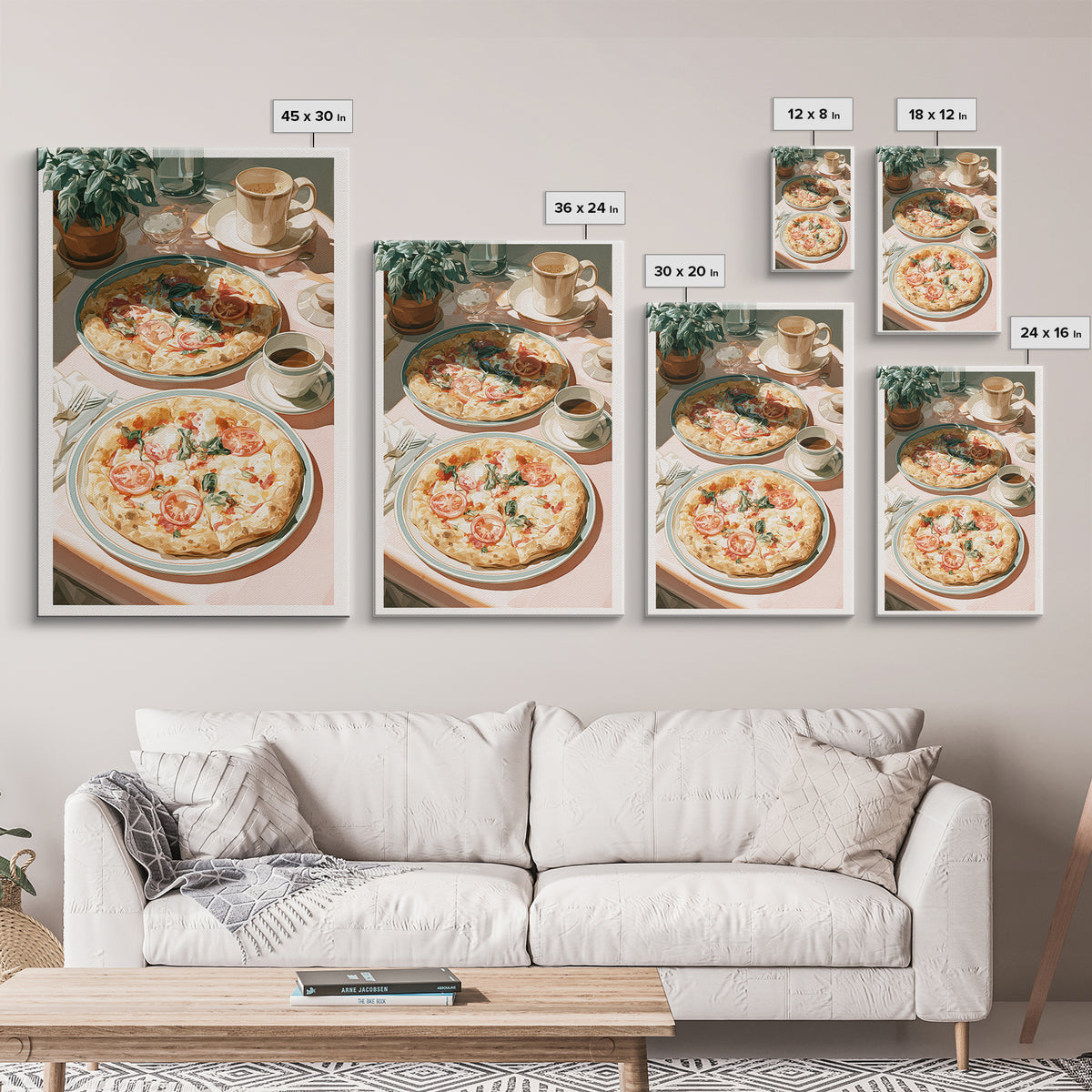 Pizzeria Tomato Basil and Mozzarella Still Life Canvas Print, Restaurant Art, Restaurant Decor, Bistro, Watercolor Painting, RES-2x3-42