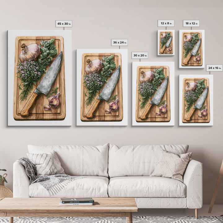 Chef Knife Herbs and Cutting Board Still Canvas Print, Restaurant Art, Digital Print, Restaurant Decor, Fine Art, Bistro, RES-2x3-45