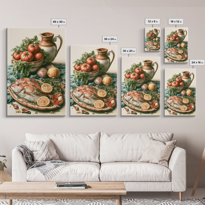 Fresh Fish with Lemon and Herbs Framed Canvas Print, Restaurant Art, Large Wall Art, Restaurant Decor, Fine Art, Bistro, RES-2x3-55