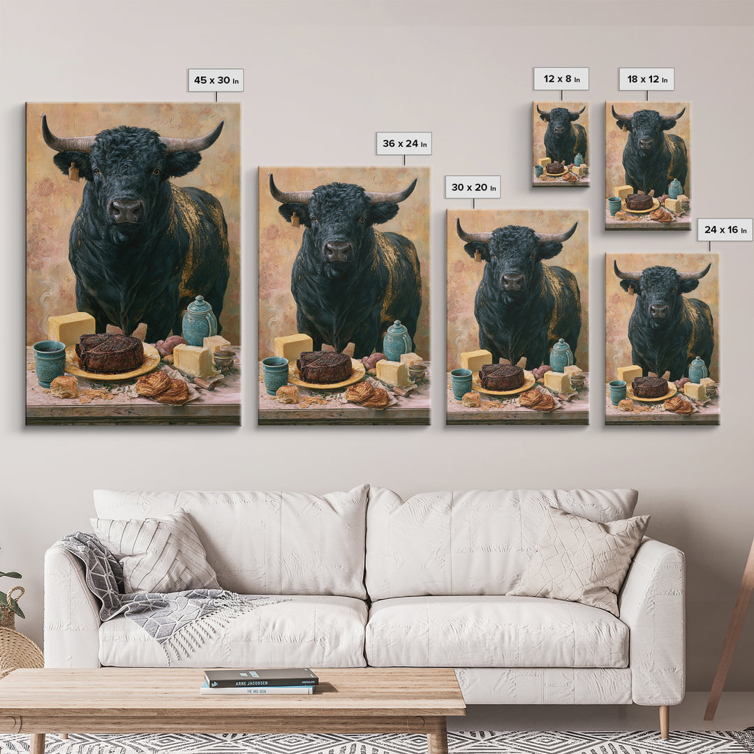 Steakhouse Black and Gold Bull Portrait Framed Canvas Print, Restaurant Art, Farmhouse Decor, Restaurant Decor, Bistro, RES-2x3-63