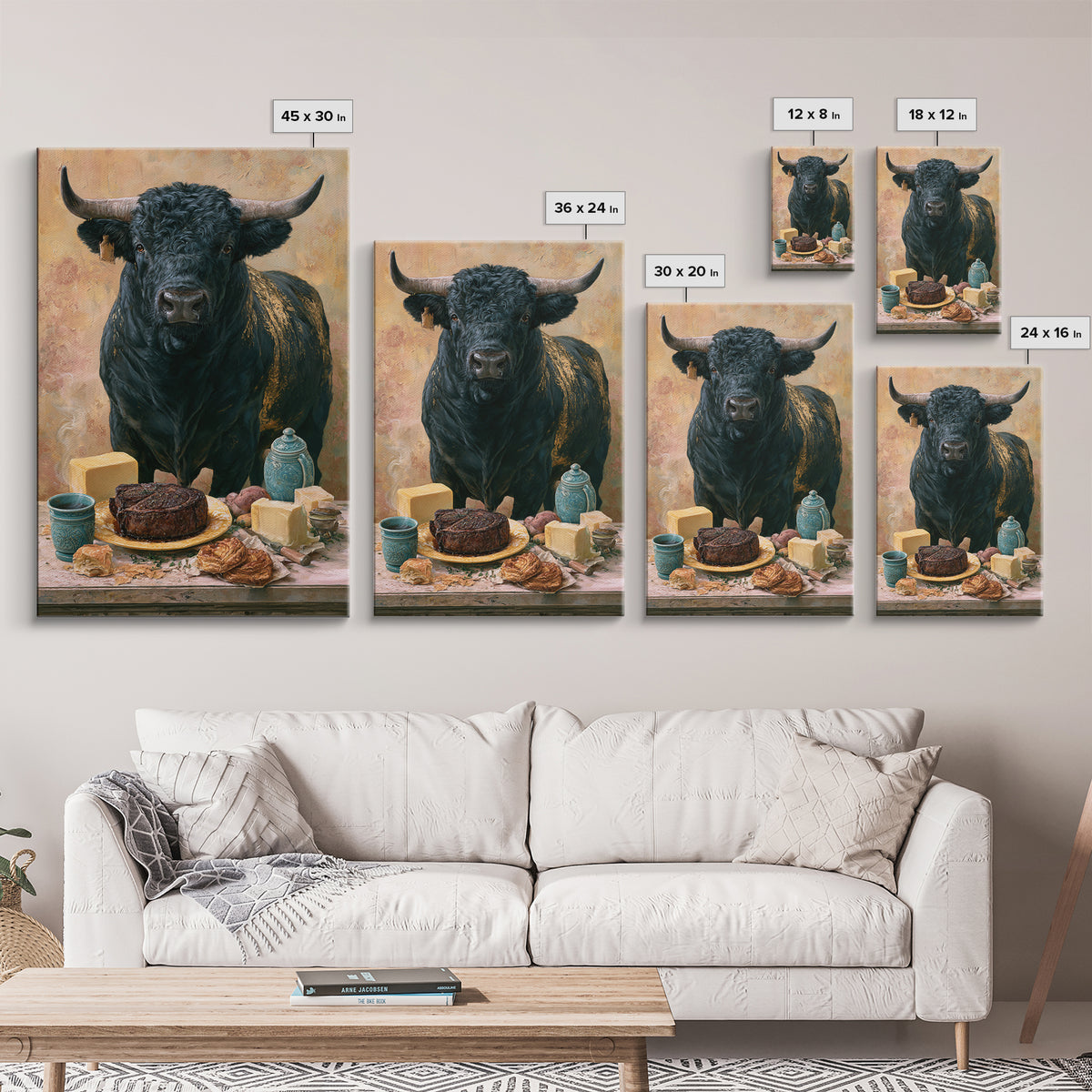 Steakhouse Black and Gold Bull Portrait Framed Canvas Print, Restaurant Art, Farmhouse Decor, Restaurant Decor, Bistro, RES-2x3-63