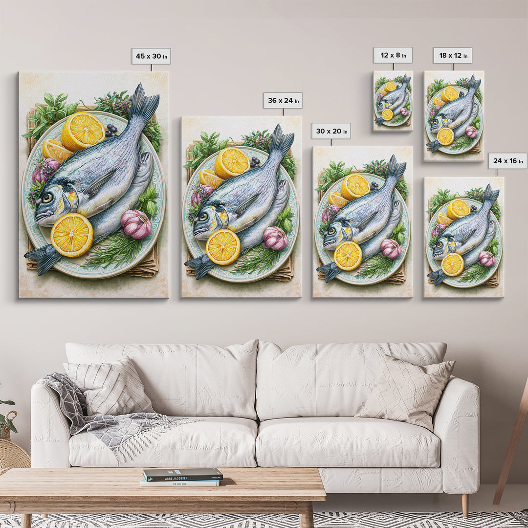 Fresh Fish with Lemon and Herbs Canvas Print, Restaurant Art, Printable Art, Restaurant Decor, Fine Art, Bistro, Watercolor Art, RES-2x3-79