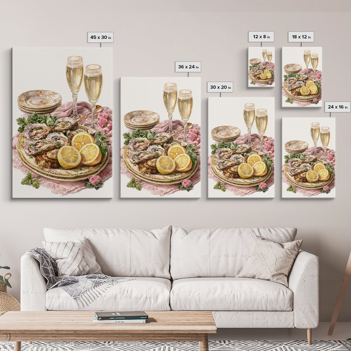 Oyster Platter with Lemons and Champagne Framed Canvas Print, Restaurant Art, Watercolor Art, Restaurant Decor, Abstract Art, RES-2x3-83