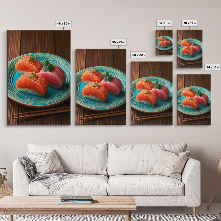 Sushi Fish and Ceramic Plate Composition Framed Canvas Print, Restaurant Art, Canvas Print, Restaurant Decor, Fine Art, Bistro, RES-2x3-85
