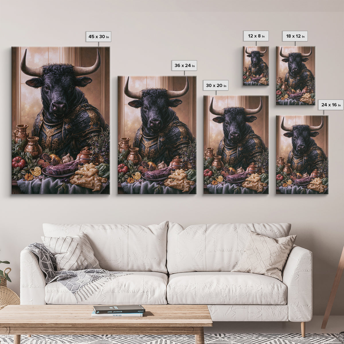 Steakhouse Black and Gold Bull Portrait Framed Canvas Print, Restaurant Art, Stained Glass Art, Restaurant Decor, Bistro, RES-2x3-87