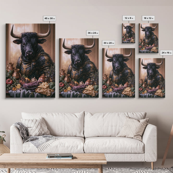 Steakhouse Black and Gold Bull Portrait Framed Canvas Print, Restaurant Art, Stained Glass Art, Restaurant Decor, Bistro, RES-2x3-87